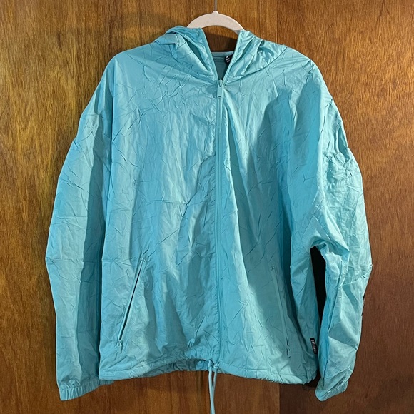 ADIDAS Light Blue Hooded Windbreaker Jacket Sz L - Picture 1 of 5